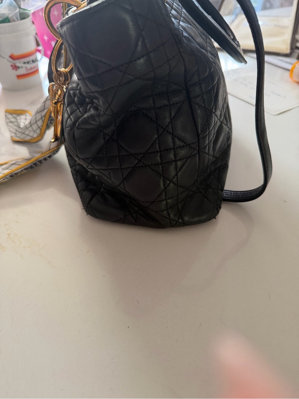 Dior Black Quilted Leather Tote Handbag with Gold Accents - Picture 4 of 16